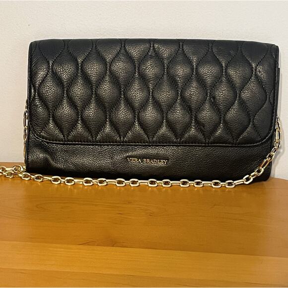 Vera Bradley Black Quilted Vegan Leather Bag Gold Chain Clutch Evening Purse